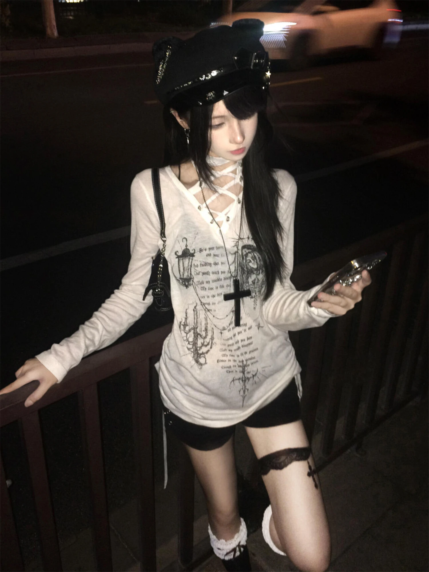 

Women's White Long Sleeve T-shirt Lace Up Front Gothic Cross Graphic Print Edgy Dark Aesthetic Trendy Casual Streetwear Top 2025