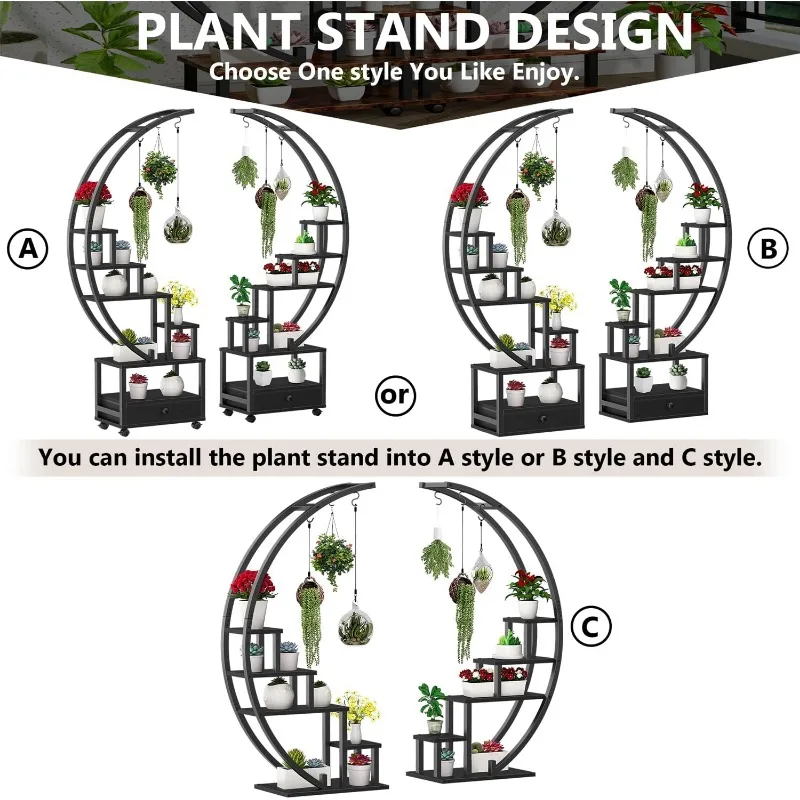 2 Pcs 6 Tier Tall Metal Indoor Plant Stand with Detachable Wheels, Half-Moon-Shaped Plant Shelf Holder with Drawer