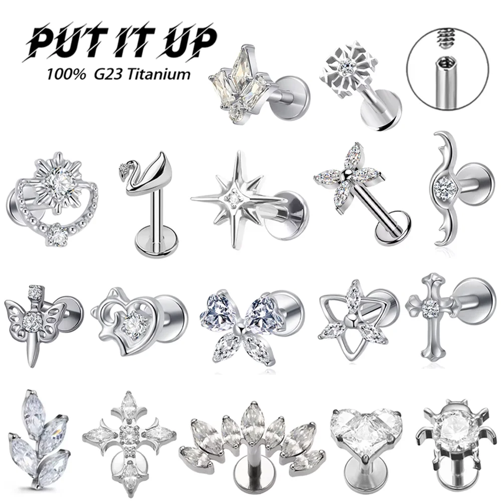 PUTITUP F136 Titanium Alloy White Zirconia Stud Earring Set Suitable for Fashionable Men and Women Cartilage Piercing Jewelry