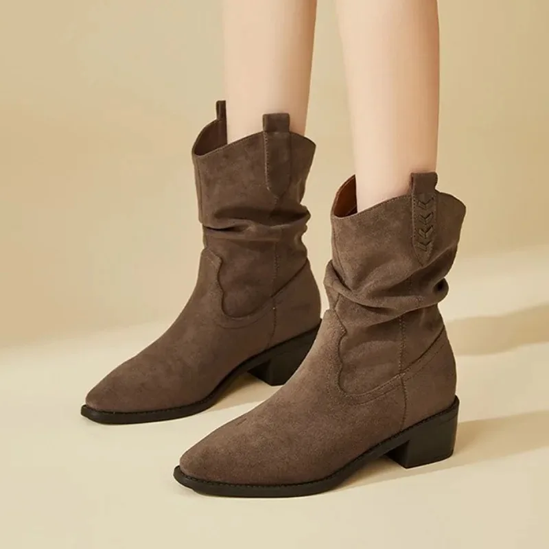 New Women Shoes 2025  Autumn Winter Women's Mid-calf Boots Fashion Pointed Pleated Slip-on Mid-heel Boots Trend Versatile Botas