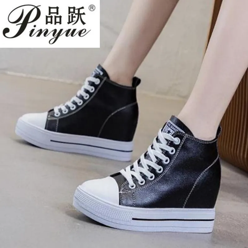 Platform White Wedge Sneakers Hidden Heel High Top Genuine Leather Women Casual Shoes Sneakers  Fashion Casual Vulcanized Boots