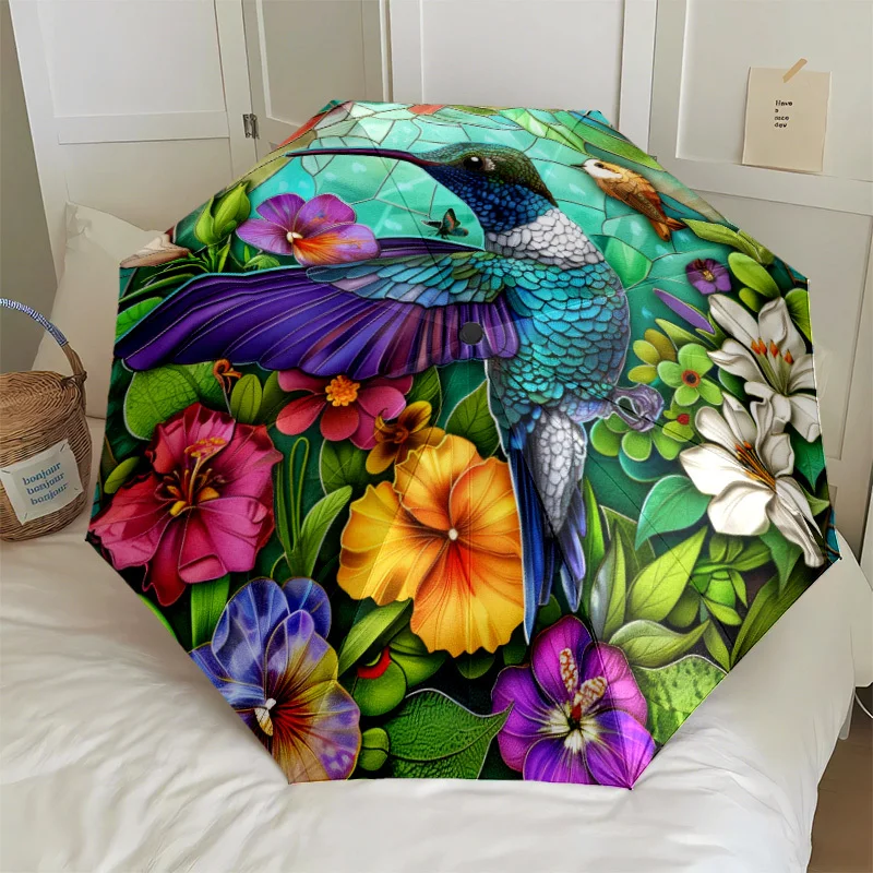 

Automatic Open/Close Umbrella with One-Button Operation - Floral & Bird Design, 8-Rib Durable Frame, Compact Travel Umbrella f