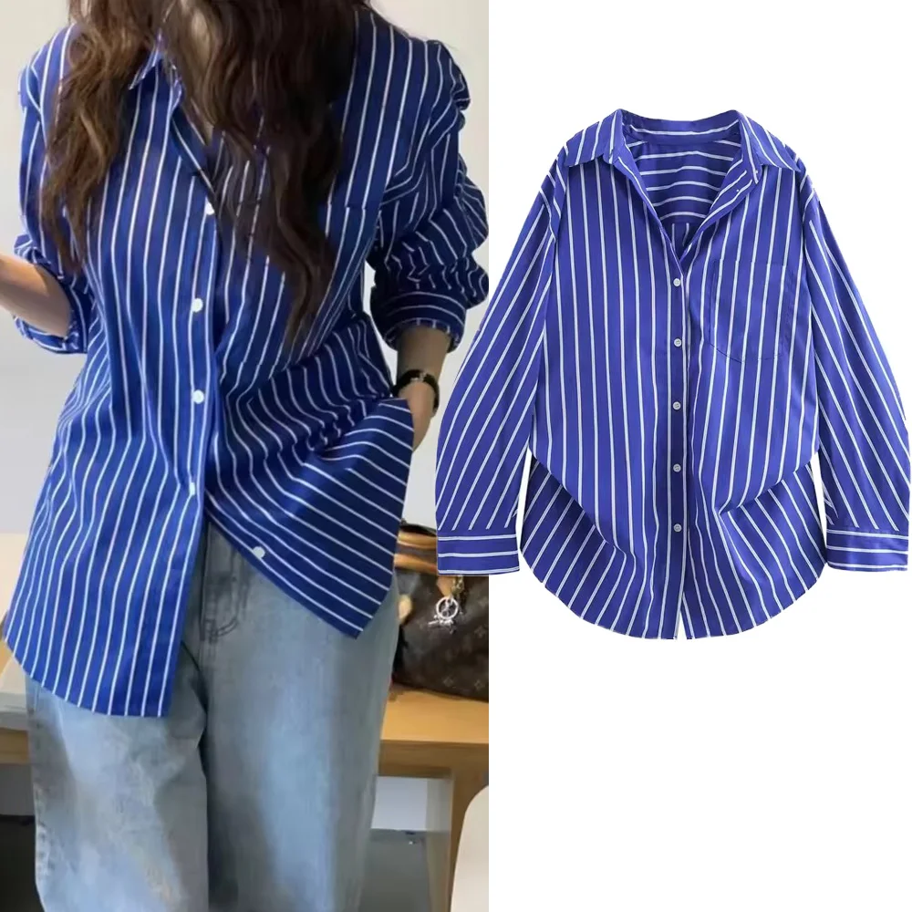 

2025 Spring Summer Women's Striped Blouse Shirt Casual Turn Down Collar Long Sleeve With Buttons Shirt Fashionable Chic Tops