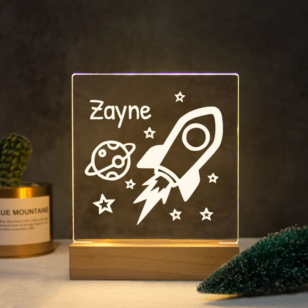 

Personalized Rocket Ship Nightlight USB Customized Name 3D Lamp Christmas Decoration Bedroom Toys For Baby Birthday Gift