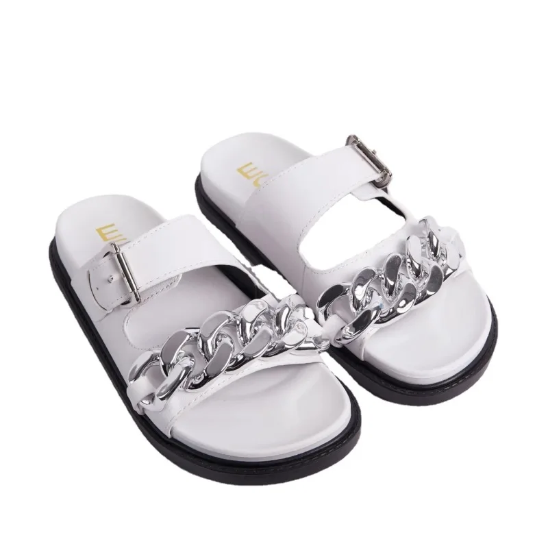 Zapatillas con hebilla de cinturón para mujer, chanclas grandes de fondo plano, Europa y América, talla 43, novedad de verano 2023