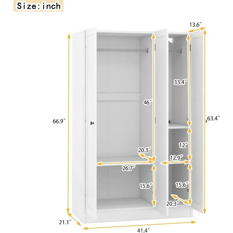 Armoire autoportante avec wers de proximité et armoires supérieures, armoire autoportante avec rail et étagères, rangement pour vêtements, moderne, 3 portes