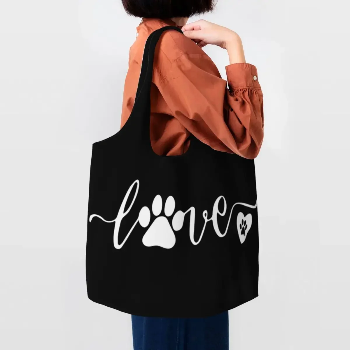 Love Paw For Dog Pet Lover Funny Graphic Groceries Shopping Bags Canvas Shopper Tote Shoulder Bags Capacity Durable Handbag Gift