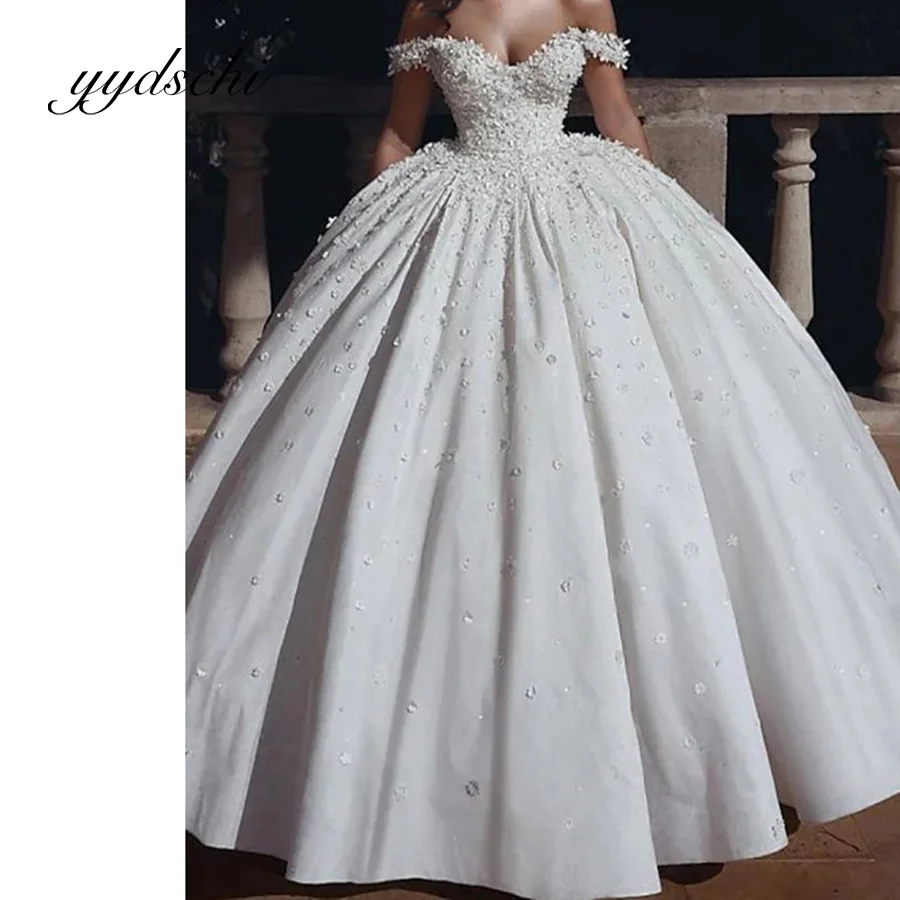 

Exquisite Off the Shoulder Wedding Dress Applique Beading Bridal Floor Length Lace up Ball Gown Sexy V-Neck Dresses for Women