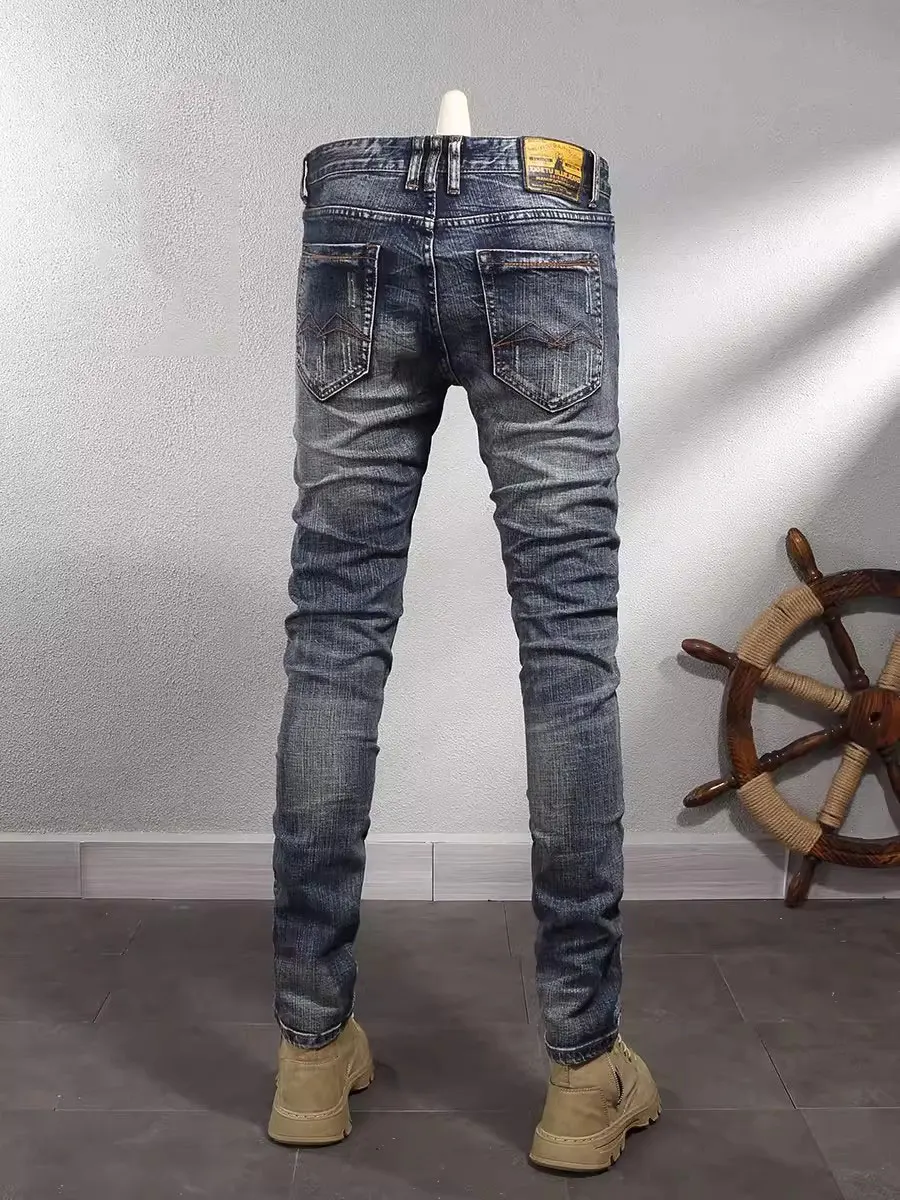 Fashion Designer Men Jeans High Quality Retro Washed Blue Elastic Slim Fit Ripped Jeans Men Vintage Casual Denim Pants Hombre