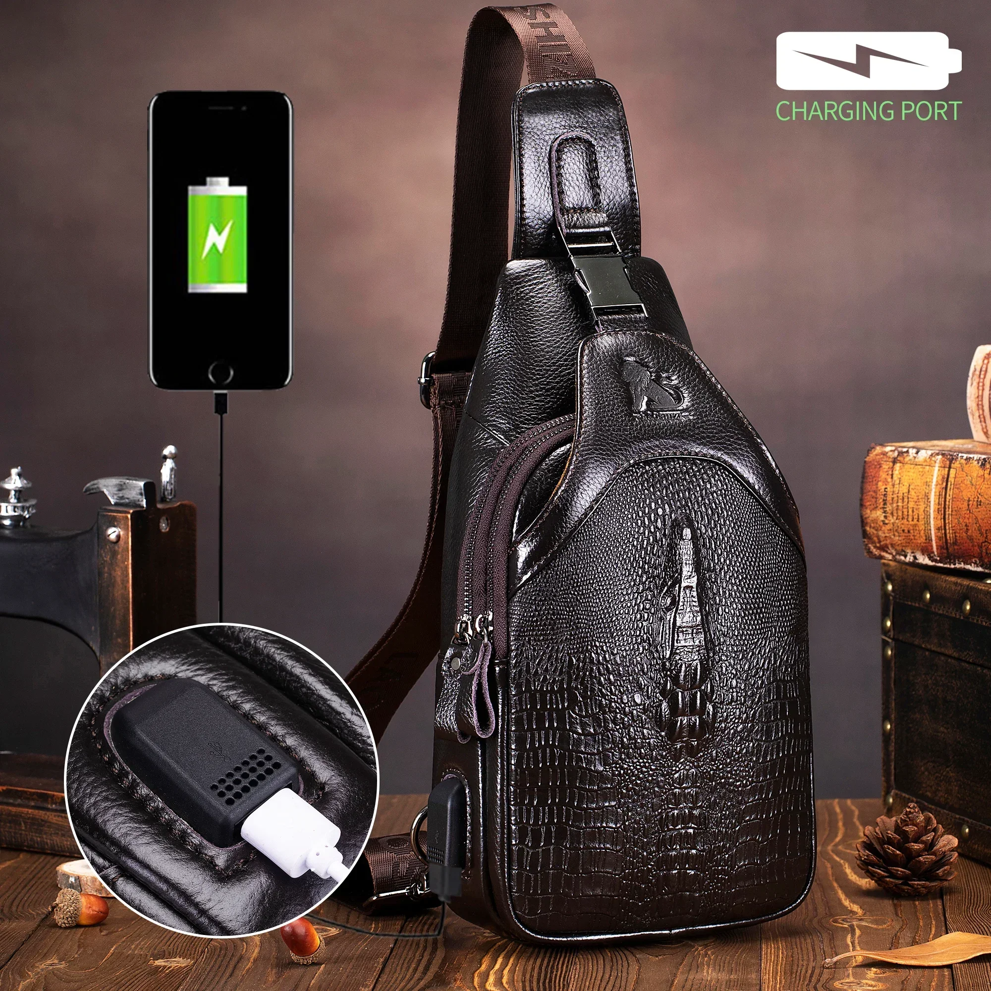 Men Sling Bag Crocodile Embossed Genuine Leather, USB Charging Crossbody Bag Multi Pocket for Outdoor Hiking and Daily Wear