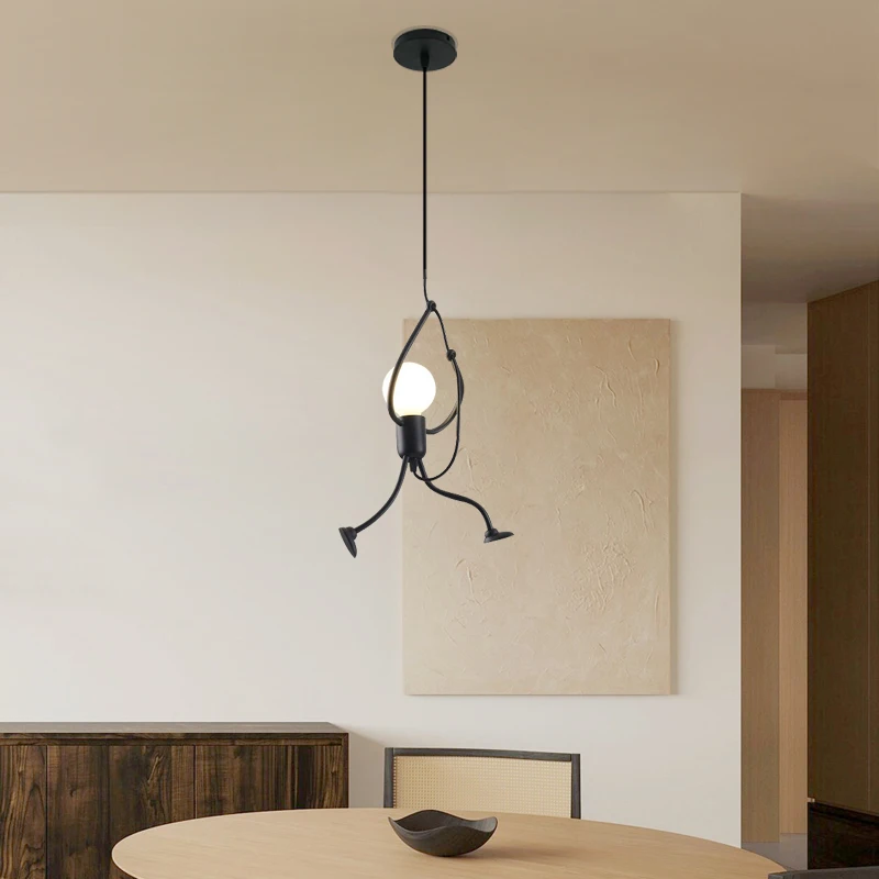 Vintage Iron Little Man Modern Arts Chandelier LED Ceiling Lamp Home Living Room Children Bedroom Decor Black E27 Pendant Lights