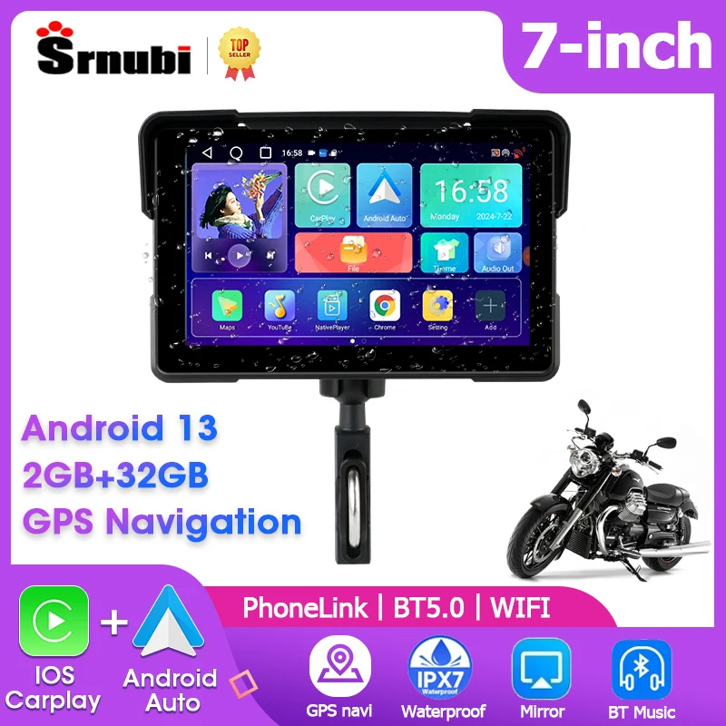 Srnubi 7“ Android 13 Motorcycle Player Screen 2G+32G GPS Navigation Wireless CarPlay Android Auto Portable Motorcycle Monitor BT