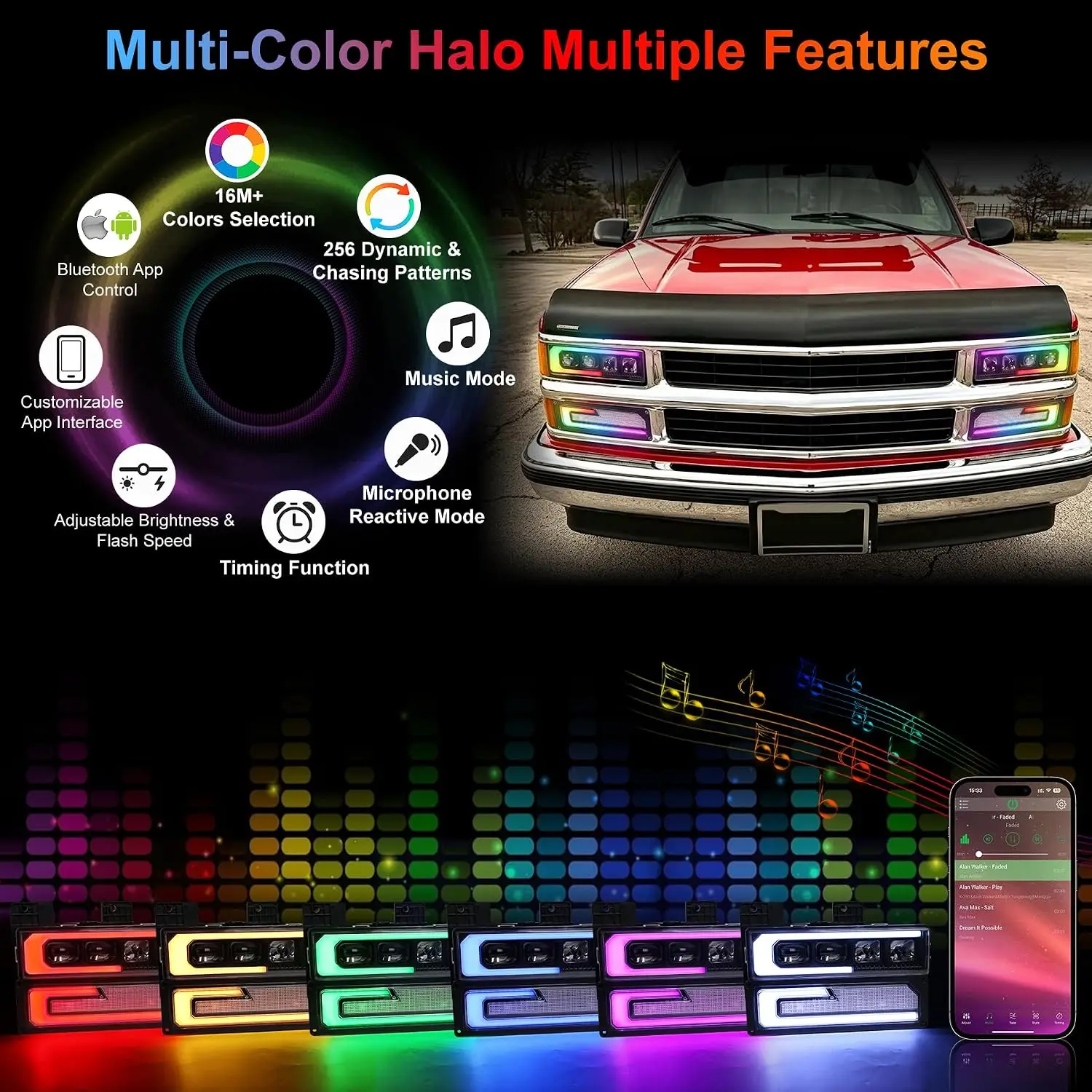 MOVOTOR LED Headlight Assembly with Multiple Color Halo for 88-98 Chevy GMC | OEM Fitment