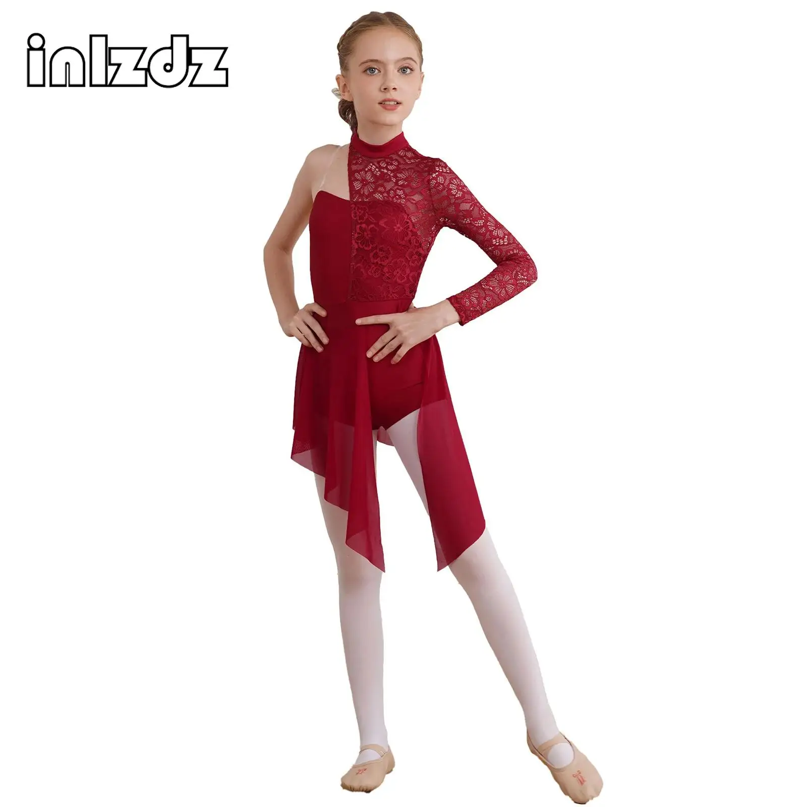 

Kid Girl One Shoulder Lace Lyrical Modern Dance Dress Ballet Gymnastics Figure Skating Leotard Dress Stage Performance Dancewear