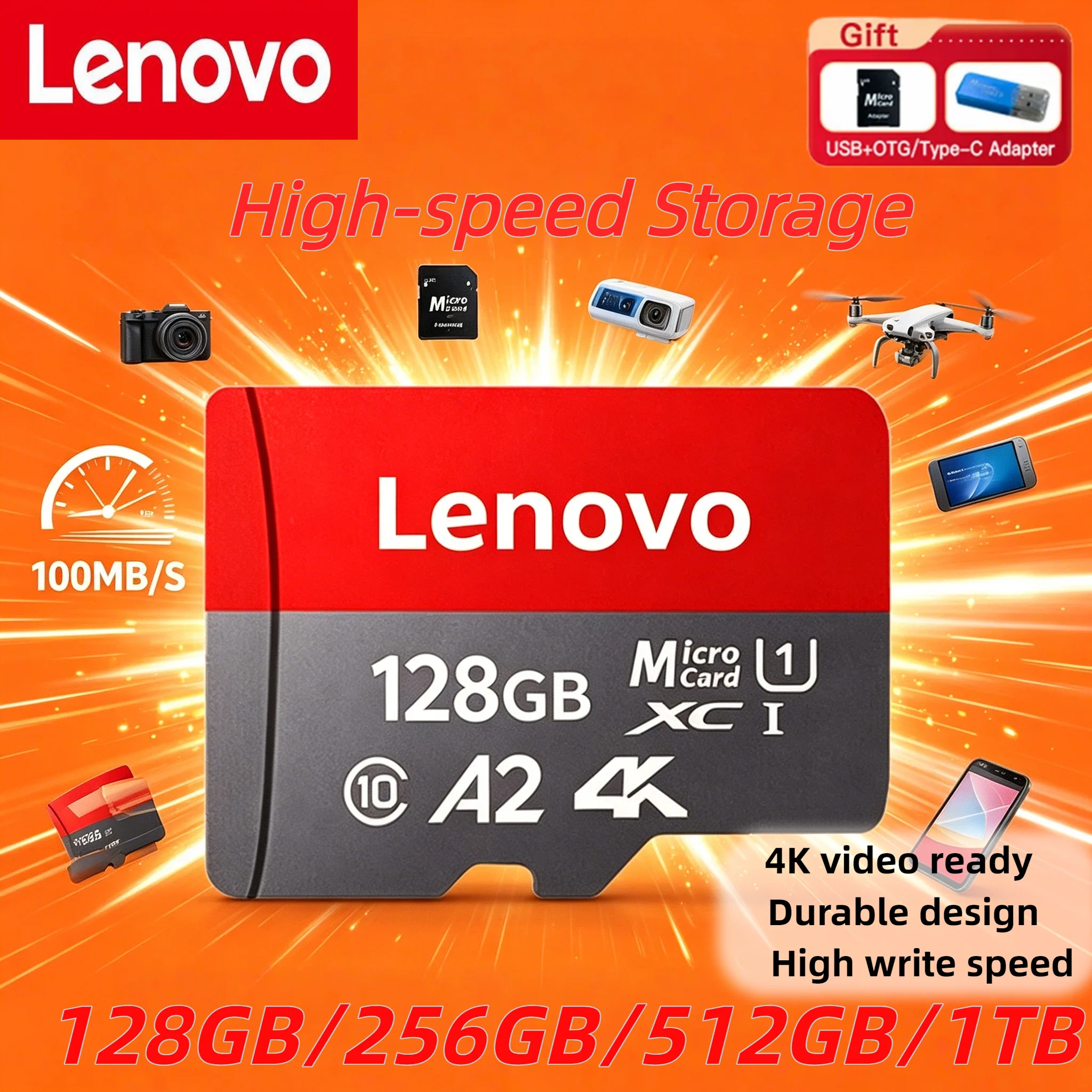 Lenovo High Speed Memory Card 1TB TF SD Cartao De Memoria 128GB 512GB 256GB Class 10 Micro Flash For Phone Tablet UAV 4K