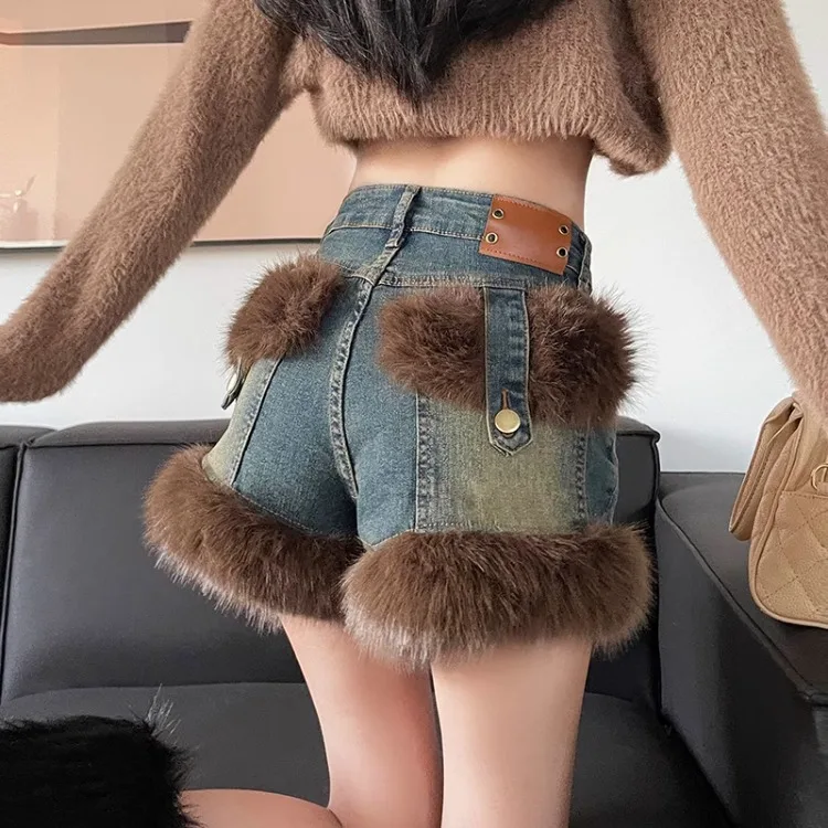 American Retro Fluffy Patchwork Denim Shorts for Women Spring Eavy Rivet Short Jeans Y2k E-Girl High Waist Loose Wide Leg