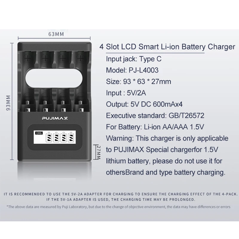 PUJIMAX AA 1.5V 3400mAh Rechargeable Baterias Li-ion Battery 4 Slots AA/AAA Smart Fast  Battery Charger With LCD Display