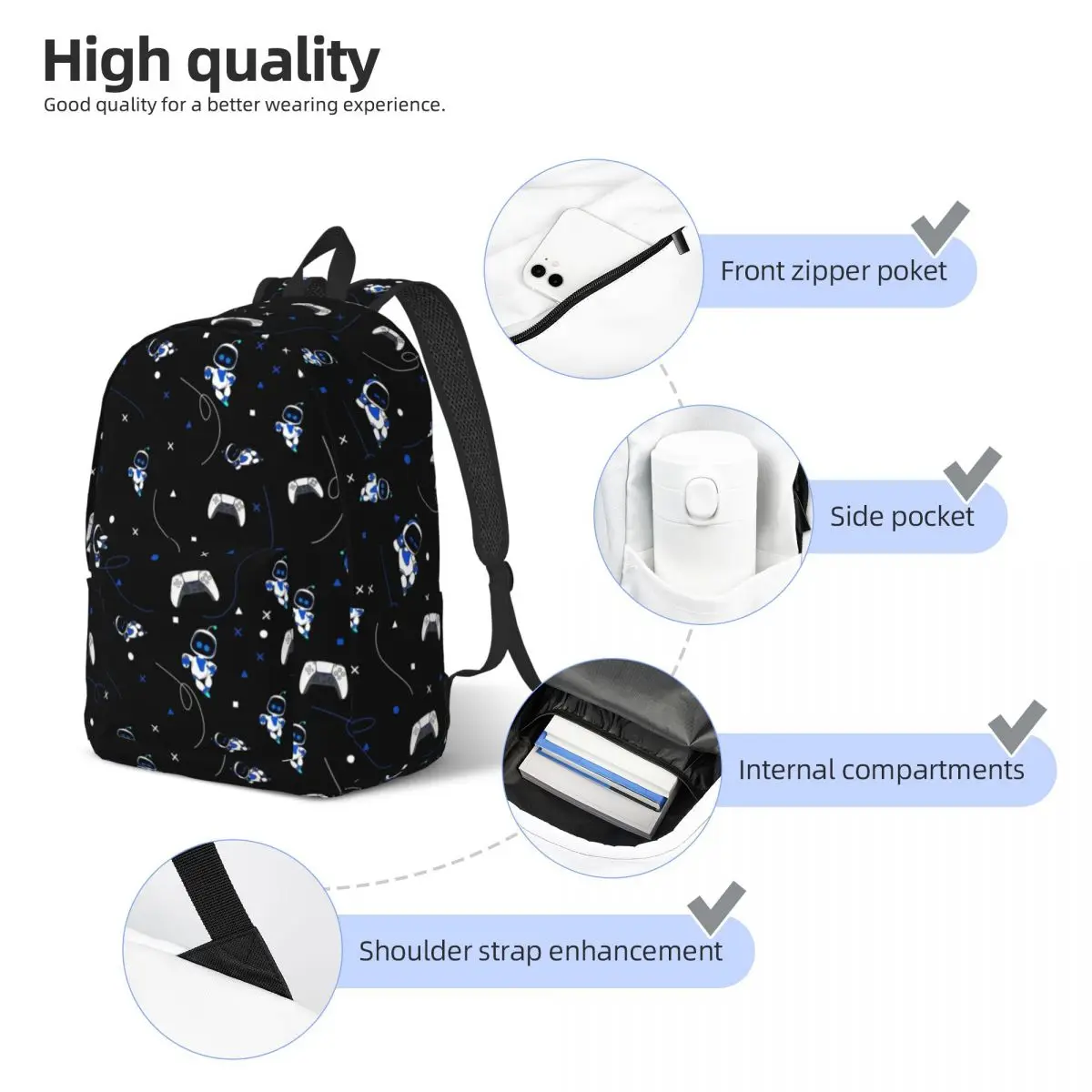 Mochila con patrón de astrobuta, juegos de sala de juegos, mochilas de moda para mujeres y hombres, mochilas escolares con patrón diario, mochila de alta calidad