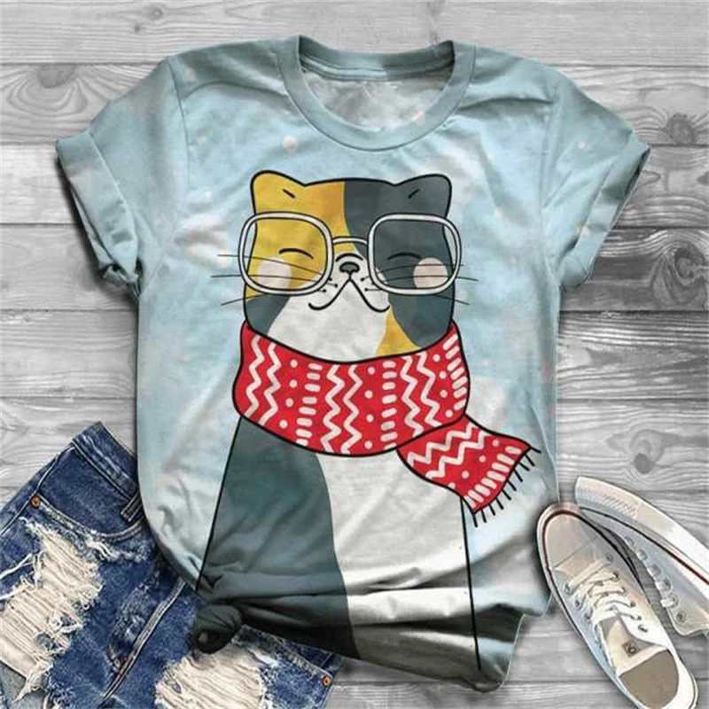 3D Printed Lovely Cat T Shirts For Women Casual Clothing Short Sleeve Tops Tshirts Streetwear Loose Oversized Breathable Tees