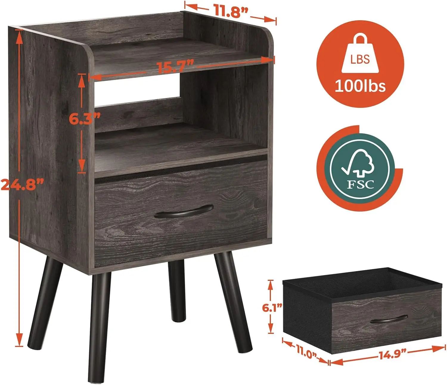 Night Stand with Fabric Drawer, Modern Nightstand, Bedside Tables, Mid Century Open Storage Shelf, Wood, Small for Bedrooms