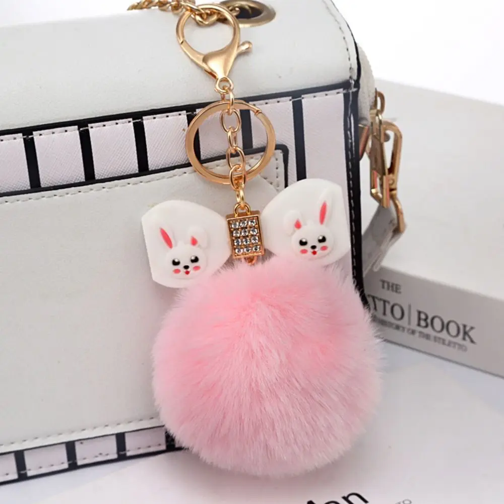 Cute Fluffy Pompom Keychain 8CM Solid Color Pompom Pendant PU Bow Plush Keyring Bag Accessory