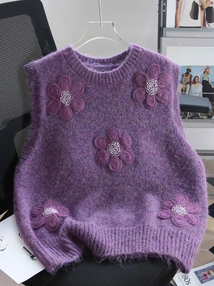 

Fashion Design Elegant Pullovers Solid Color Three Dimensional Flowers Sweater Vest Casual Loose Knit Tops 2025 Women's Clothing
