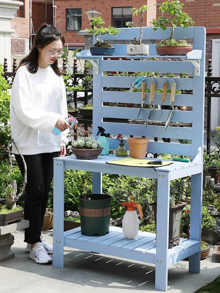 Outdoor flower planting workbench Solid wood succulent floral tool storage  rack Balcony gardening table Operating table