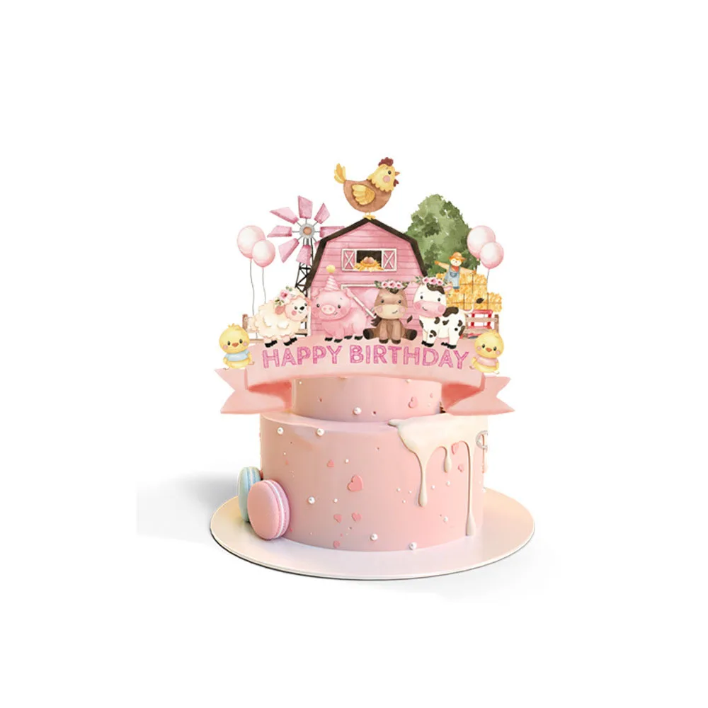 Cake Topper with Farm Animal Theme, Cake Decoration,Pink Farm Animal, Happy Birthday Party