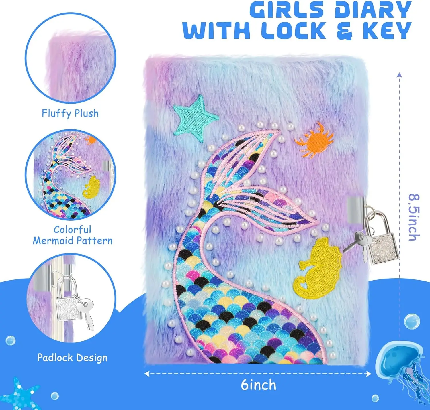 Mermaid Diary for Girls with Lock and Keys,Tie-Dye Fuzzy Journal for Kids with 160 Lined Pages,Fluffy Secret Notebook for Writ