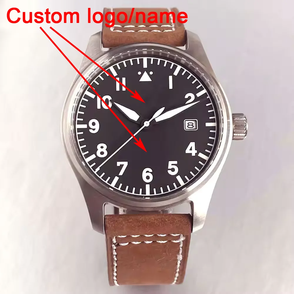 تخصيص 39 مللي متر Miyota8215 الحركة التلقائية الياقوت الكريستال 200 متر مقاوم للماء الطيار ريترو الرجال ساعة حزام من الجلد المسمار تاج