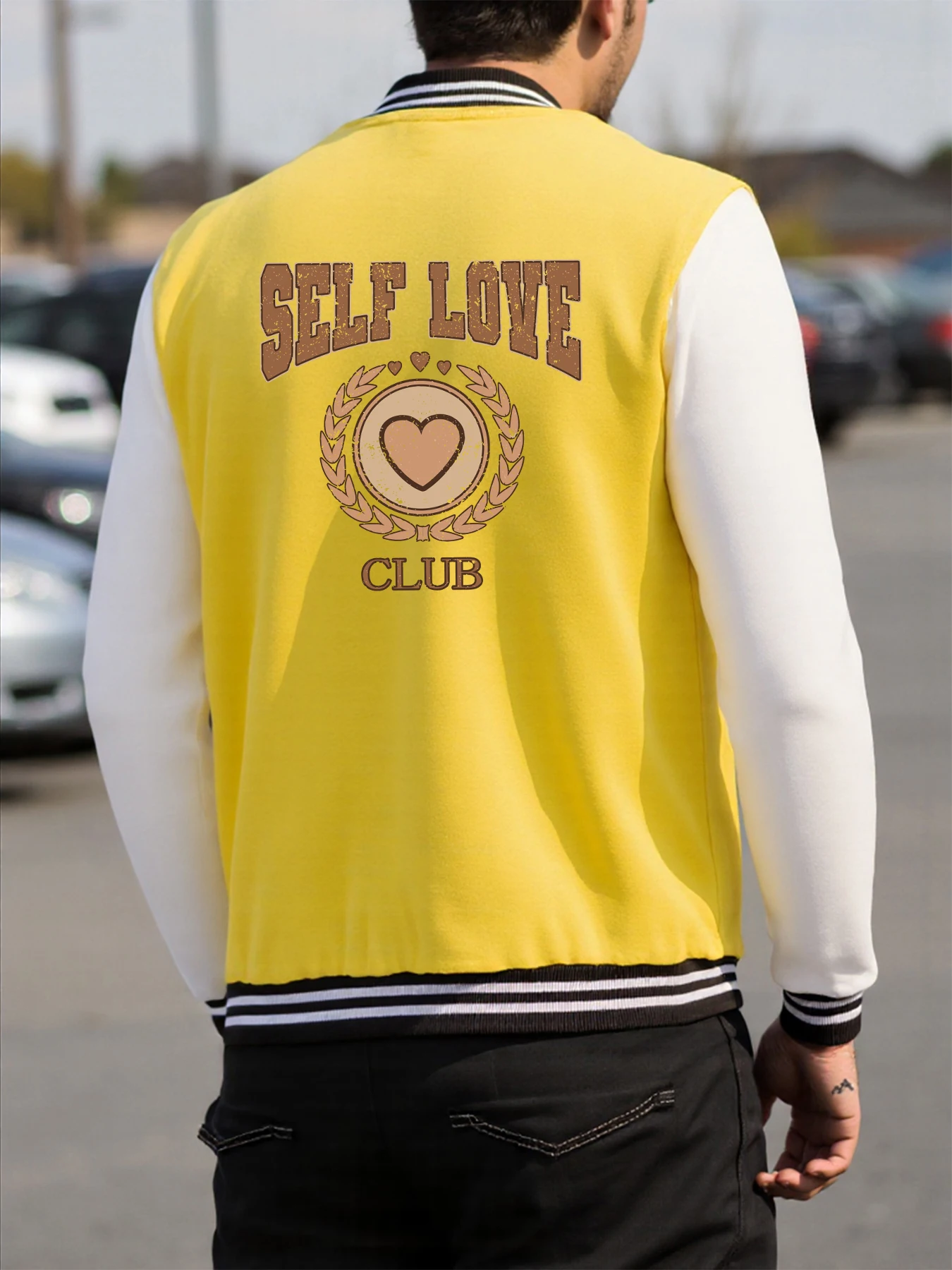 

Self Love Club Heart Print Jacket Men Street Fleece Baseball Jersey Fashion Casual Coat Autumn Loose Unisex Vintage Long Sleeve