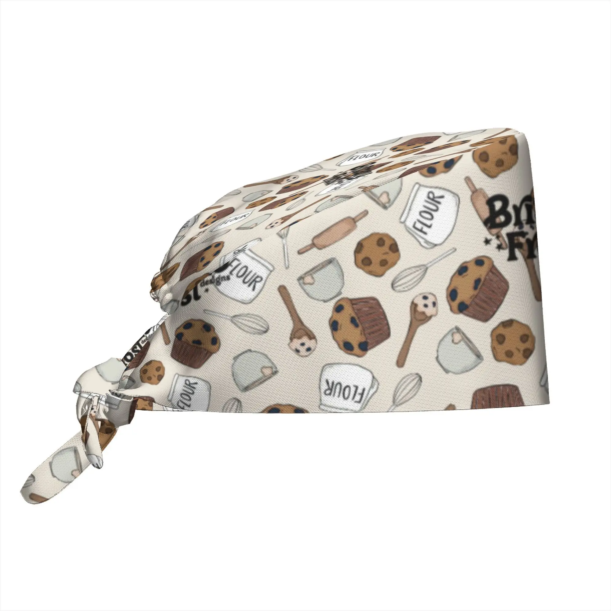 Baking Tools Cookies Print Scrub Cap Soft Tie-Back Working Cap with Sweatband Pastry Chef Pattern Cap for Bakers Nurses