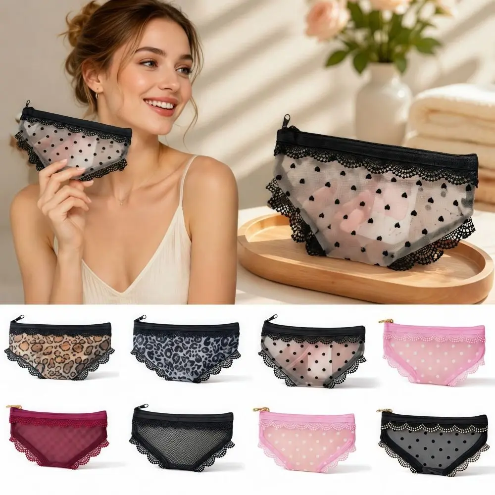 Unique Briefs Shape Cosmetic Bag Lace Heart Transparent Makeup Storage Pouch Mesh Y2K Toiletry Bag Storage for Travel