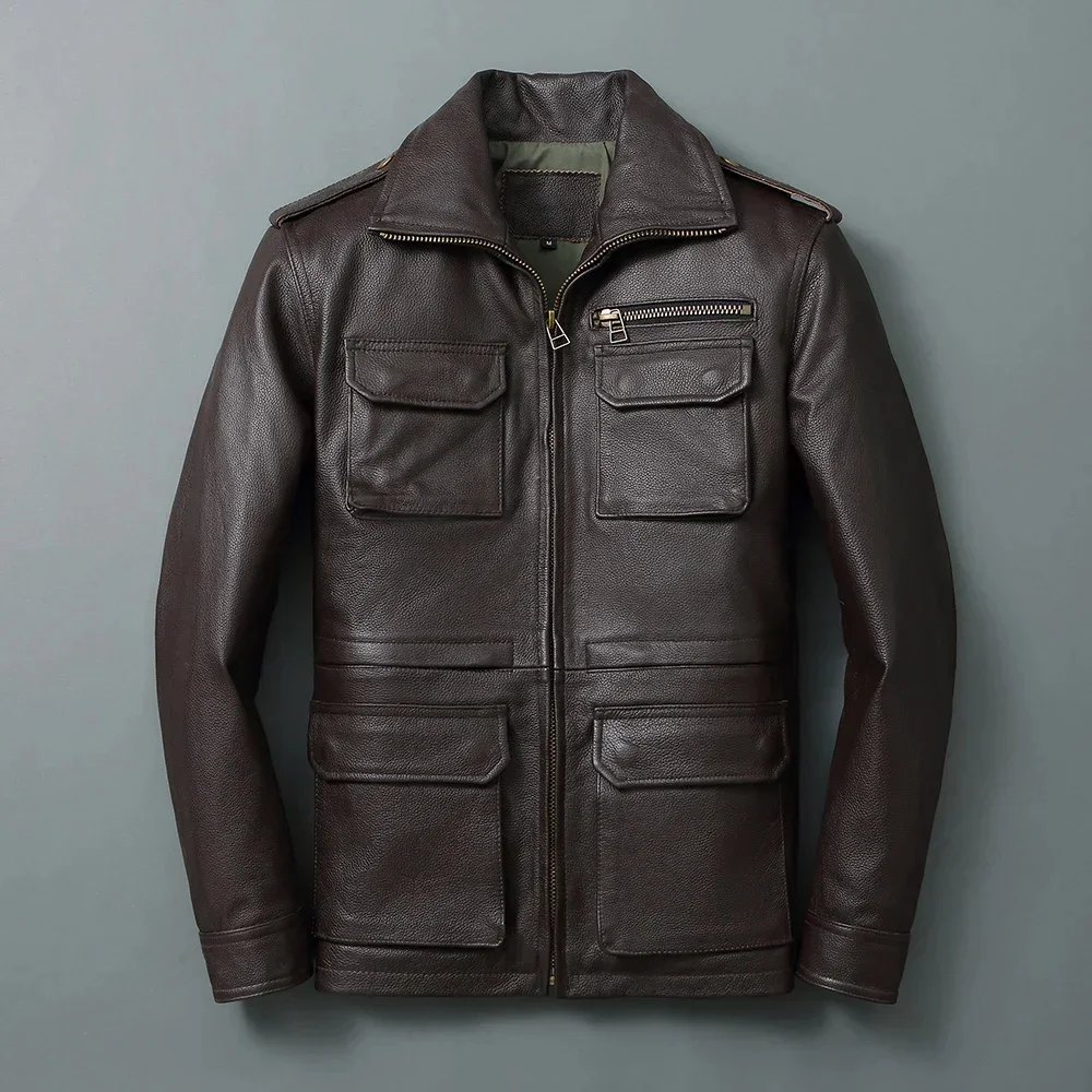 Men's Top Layer Cowhide Flight Jacket High Quality Leisure Genuine Leather Coat Brown Multi Pocket Epaulettes Classic