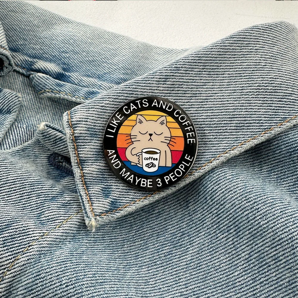 I Like Cats And Coffee And Maybe 3 People Brooch cute Lazy Cat Holding Coffee Cup badge Retro Sunset Pin Cat Lover Jewelry Gift