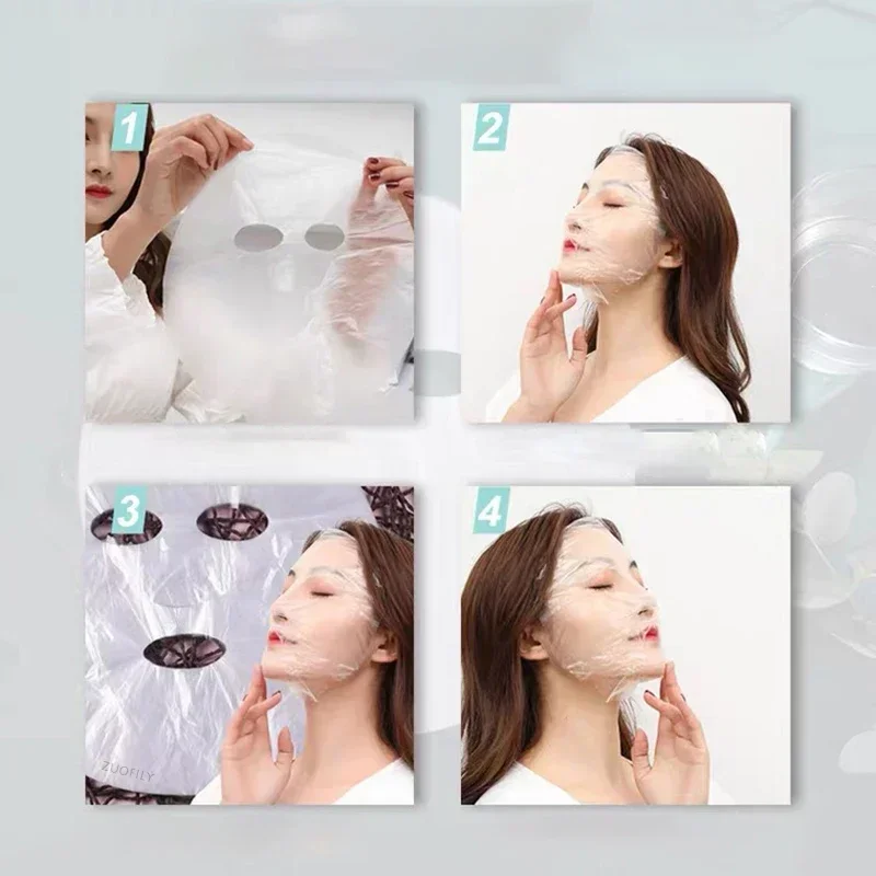 100pcs Disposable Transparent Plastic Masks Wrap Face Film Full Face Cleaner Mask Neck Stickers Paper Facial Beauty Makeup Tools