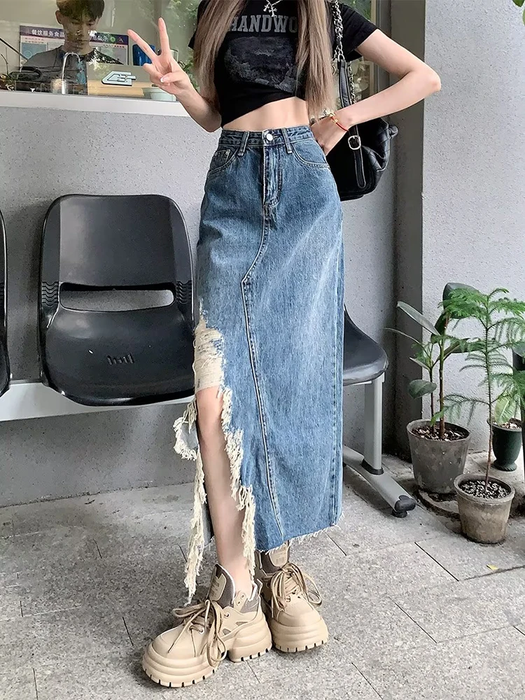 Oversized Women Irregularity Denim Skirts Fashion Design High Waist Slit Ripped Hole Long A-line Jean Skirts S-3xl