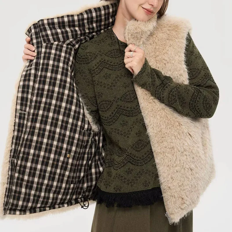 Reversible Padded Vest Winter Plaid Coat Women Sleeveless Stand Collar Fur Warm Waistcoat Female Vintage Outdoor Snowy Jacket