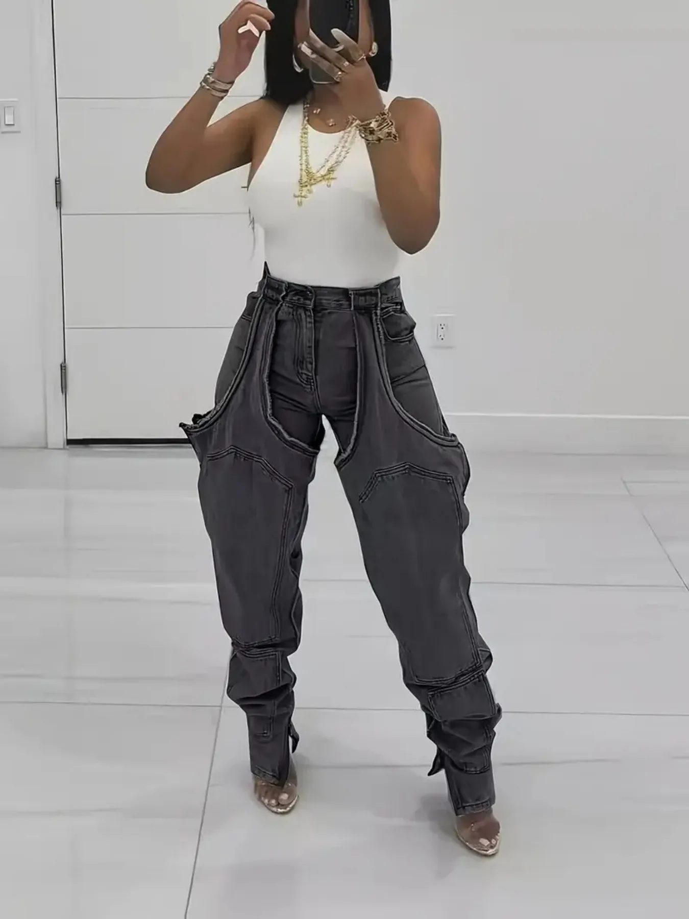 Luźne jeansy damskie w stylu Y2K z wycięciami, spodnie patchworkowe z wysokim stanem i elastycznym, streetwearowym stylem.