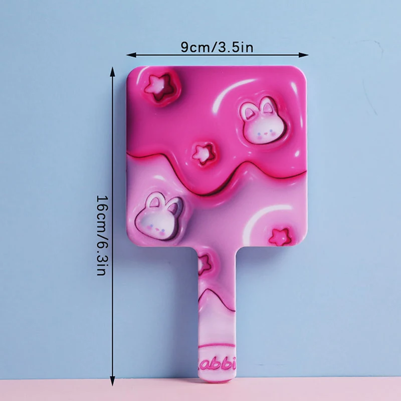 손잡이가 달린 귀여운 만화 토끼 사각형 메이크업 거울, 핸드헬드 메이크업 거울, 스파 살롱 컴팩트 거울, 화장품 거울