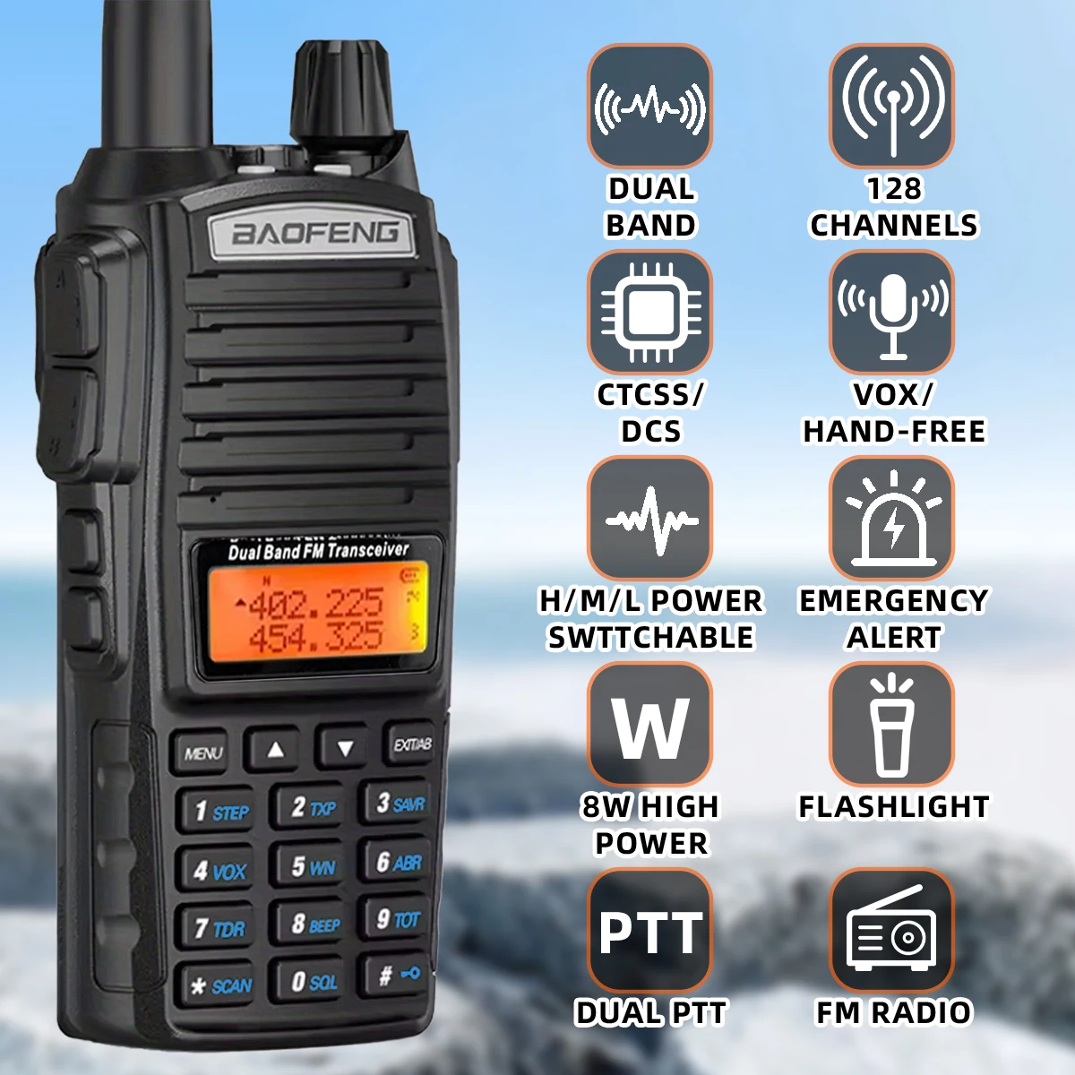 Baofeng High Power 5W/8W UV-82 Dual PTT Walkie Talkie Dual Band VHF UHF FM Amateur Radio 2000mAh Battery 10KM Lange Ham radio