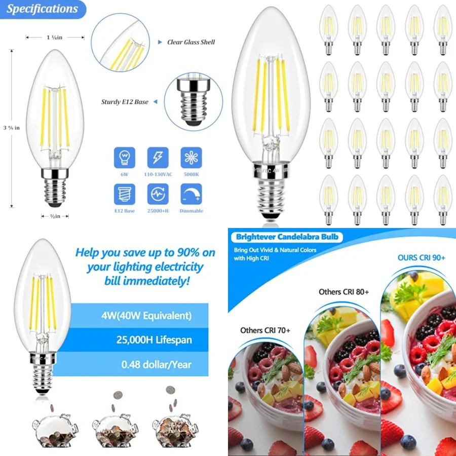 

LED Candle Bulbs 40W Equivalent, E12 Candelabra Light Bulbs 4W 470Lm Clear Edison LED Bulb, Daylight White 5000K B11 Classic Br