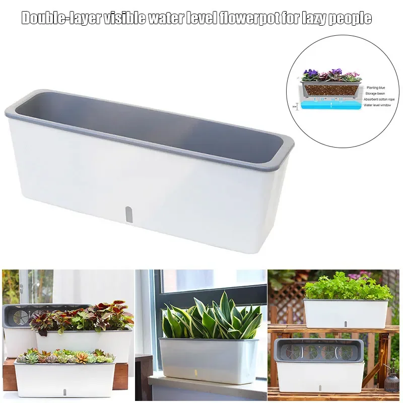 

Indoor Flower Pot Long Strip Double Layer Self-Watering Flower Pot Decorative Home Garden Flowers Succulents Herbs Vegetables