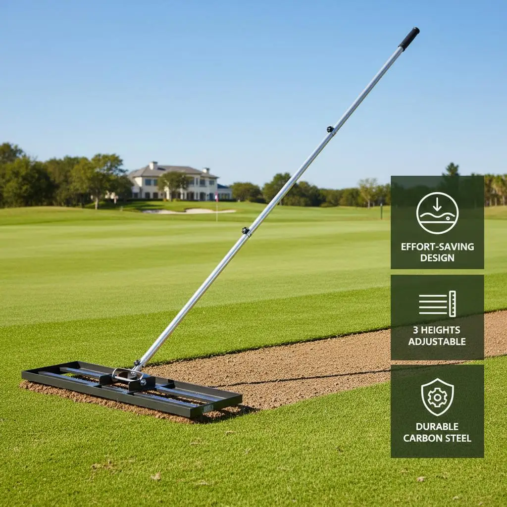 

Soil Leveling Tool 30x10 in For Yard Garden Golf Course, Carbon Steel 83.9 in Handle 3 Heights Adjustable Ground Leveler