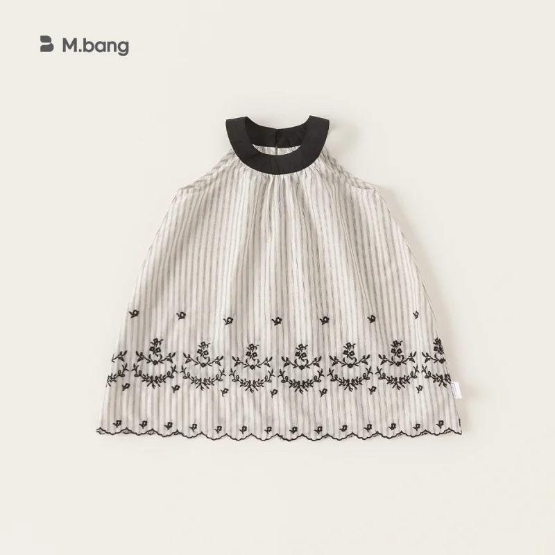 

Bangxuan children's clothing girls' vintage striped sleeveless dress, summer embroidered lace round-neck dress, artistic and ele