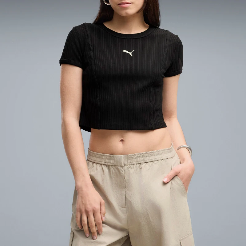 Puma genuine women's tight ribbed short sleeved T-shirt with trendy and cool casual style 639039-01