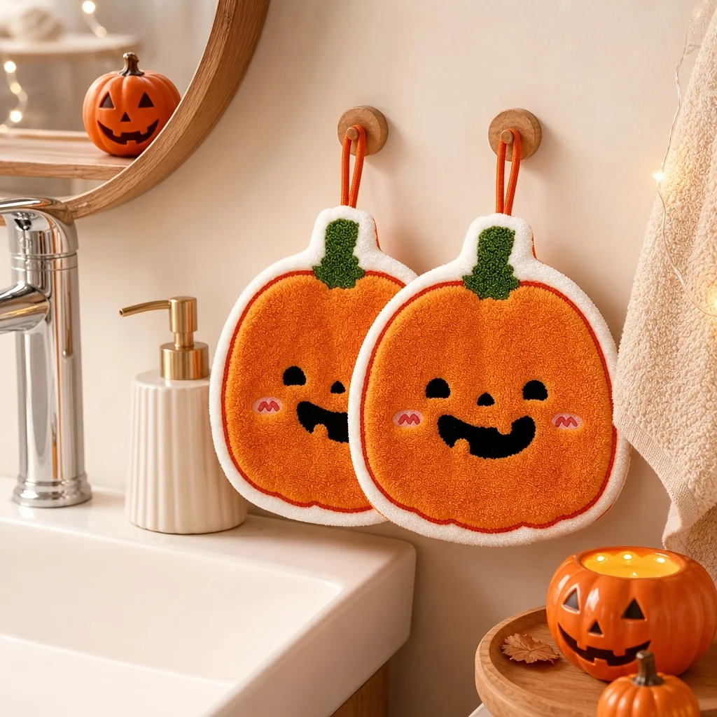 Halloween cute pumpkin lantern hanging towel, soft coral fleece absorbent quick drying towel, kitchen and bathroom decoration to