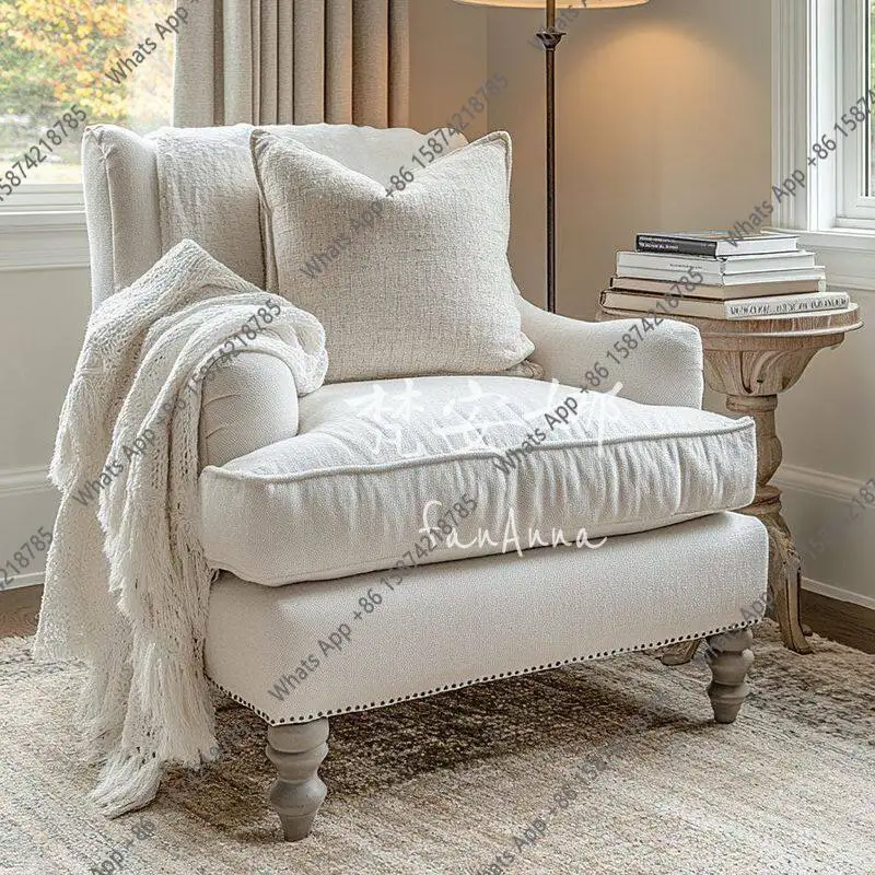 French single sofa chair/beige fabric rivet single sofa/balcony leisure chair/wabi sofa