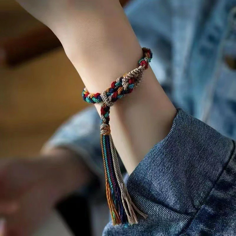 Handmade Tibetan Braided Colorful Rope Wristband Ethnic Style Bangle Adjustable Pulling Rope Wristchain