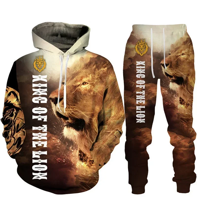 Hoodies Set Boy And Girl Animals Lion King 3D Printed Hoodie Set Fashion Boy And Girl Sportswear Two Piece Jogging Oversize Suit